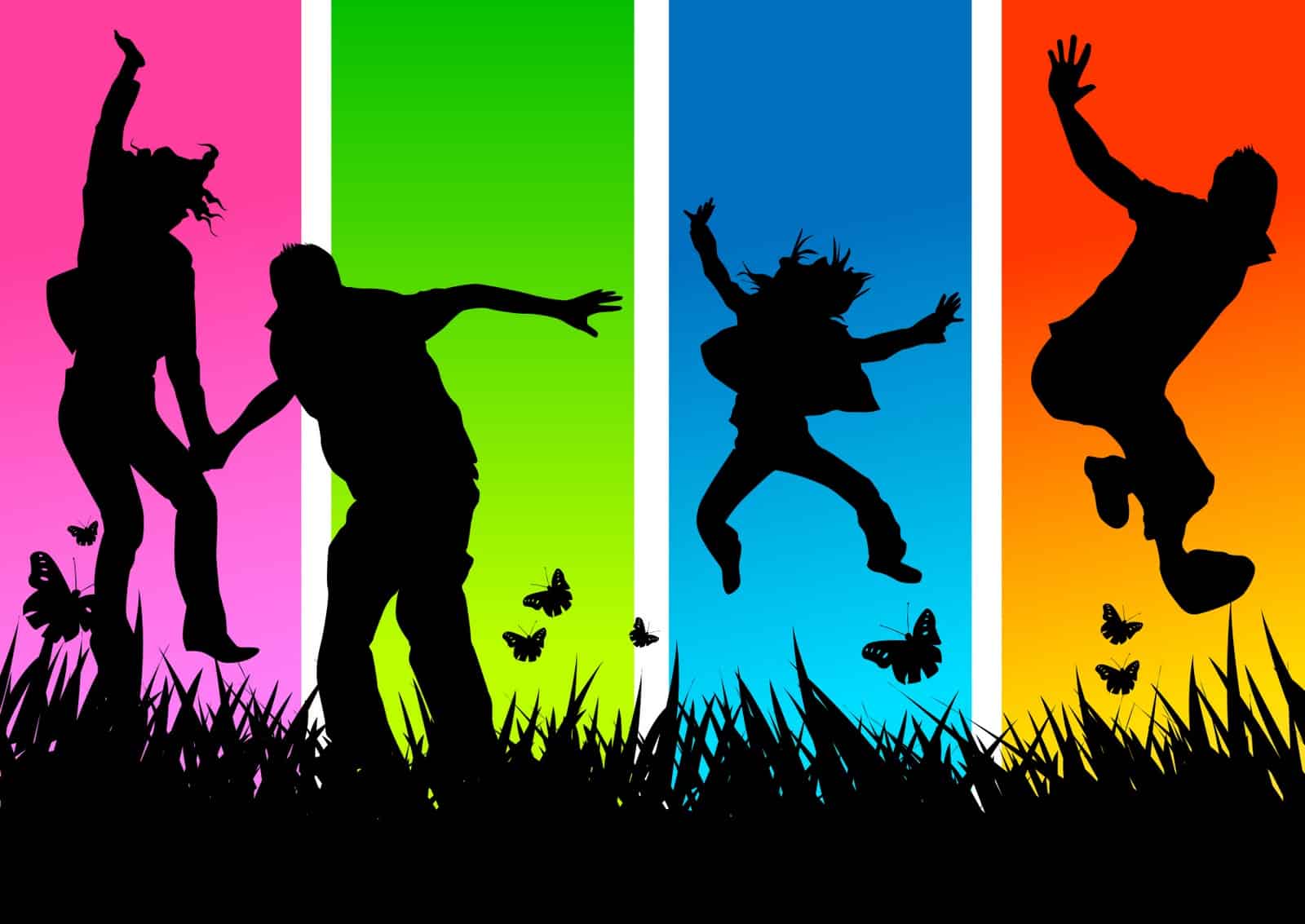People jumping in silhouette in a grassy field with butterflies in front of a colorful background